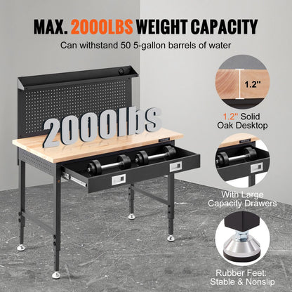 SHFGM4824GR - 28-39.5" Adjustable Solid Wood Workbench with LED Light & Power Panel