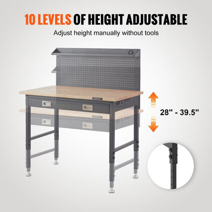 SHFGM4824GR - 28-39.5" Adjustable Solid Wood Workbench with LED Light & Power Panel