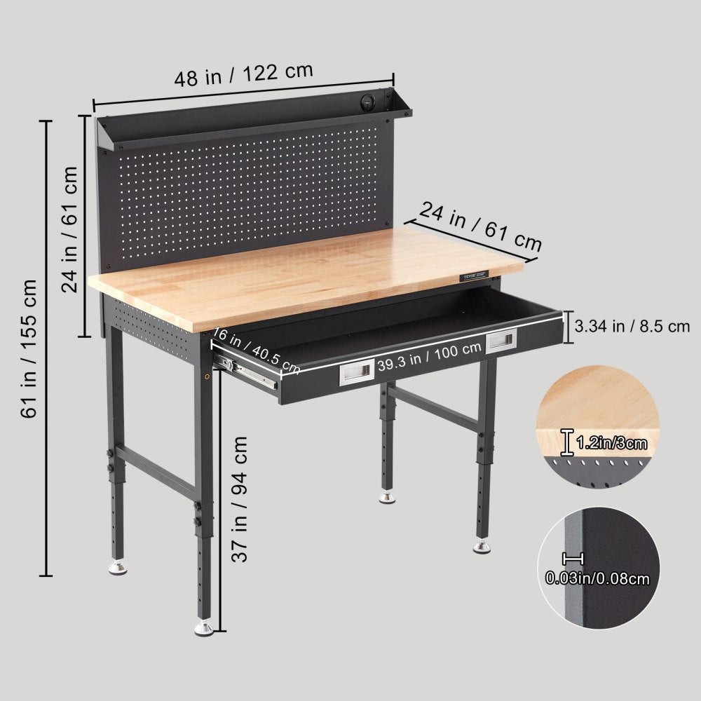 SHFGM4824GR - 28-39.5" Adjustable Solid Wood Workbench with LED Light & Power Panel