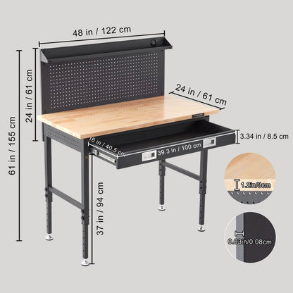 SHFGM4824GR - 28-39.5" Adjustable Solid Wood Workbench with LED Light & Power Panel