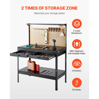 JL-WB05-3 - 47.2" Heavy-Duty Workbench with LED Light & 6 Power Outlets