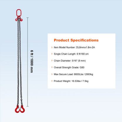 DL8mmx1.8m-2A - Heavy-Duty 6' G80 Chain Sling with Secure Hooks