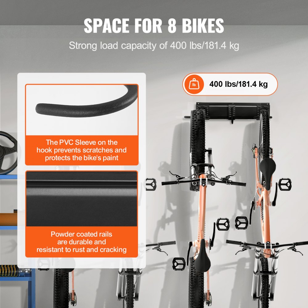 JC24-ZXCZJ008 - 72" Wall-Mounted Bike Rack for Up to 8 Bikes