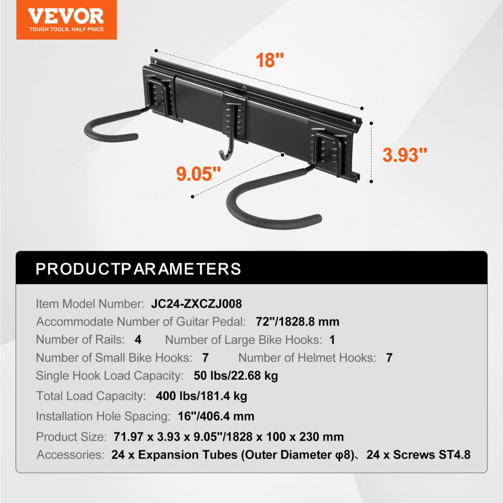 JC24-ZXCZJ008 - 72" Wall-Mounted Bike Rack for Up to 8 Bikes