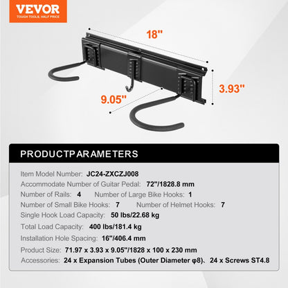 JC24-ZXCZJ008 - 72" Wall-Mounted Bike Rack for Up to 8 Bikes