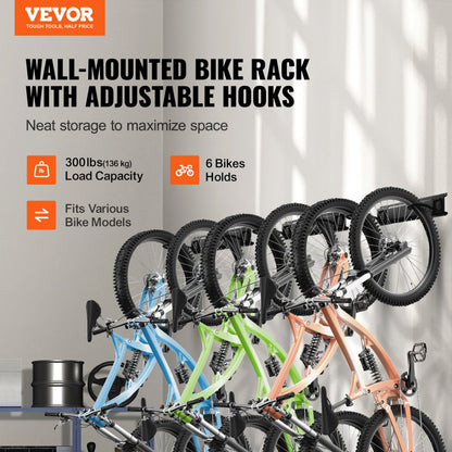 JC24-ZXCZJ009 - Heavy-Duty 85" Wall-Mounted Bike Rack for 6 Bikes