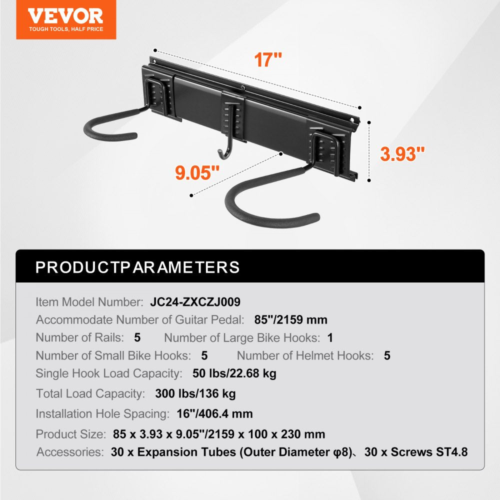 JC24-ZXCZJ009 - Heavy-Duty 85" Wall-Mounted Bike Rack for 6 Bikes