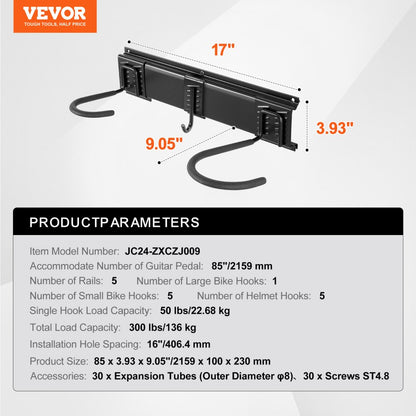 JC24-ZXCZJ009 - Heavy-Duty 85" Wall-Mounted Bike Rack for 6 Bikes