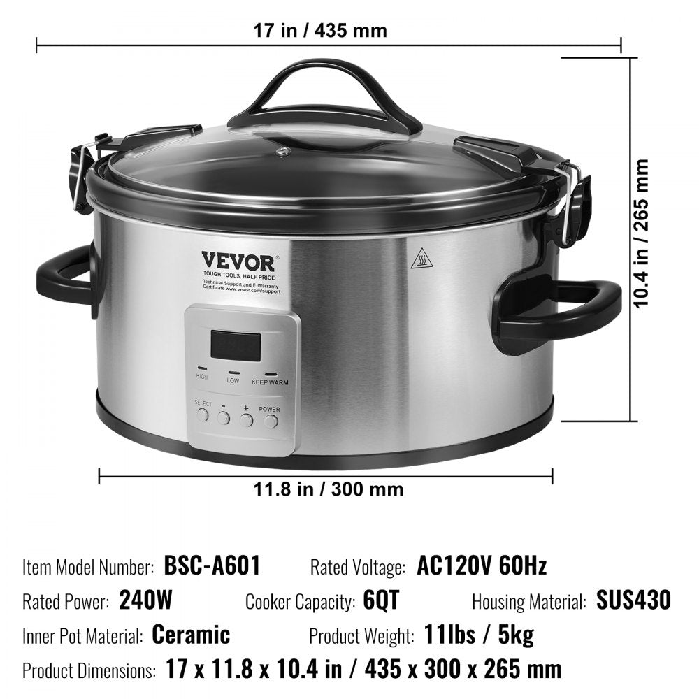 BSC-A601 - 6QT VEVOR Electric Slow Cooker with 20-Hour Timer