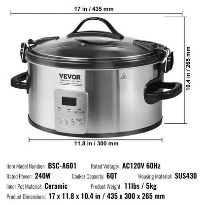 BSC-A601 - 6QT VEVOR Electric Slow Cooker with 20-Hour Timer