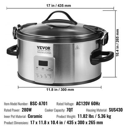 BSC-A701 - 7QT VEVOR Slow Cooker with Digital Timer & Locking Lid