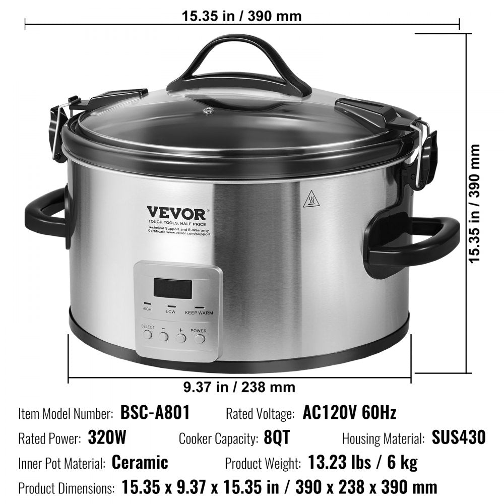 BSC-A801 - 8QT VEVOR Slow Cooker with Digital Display & Locking Lid