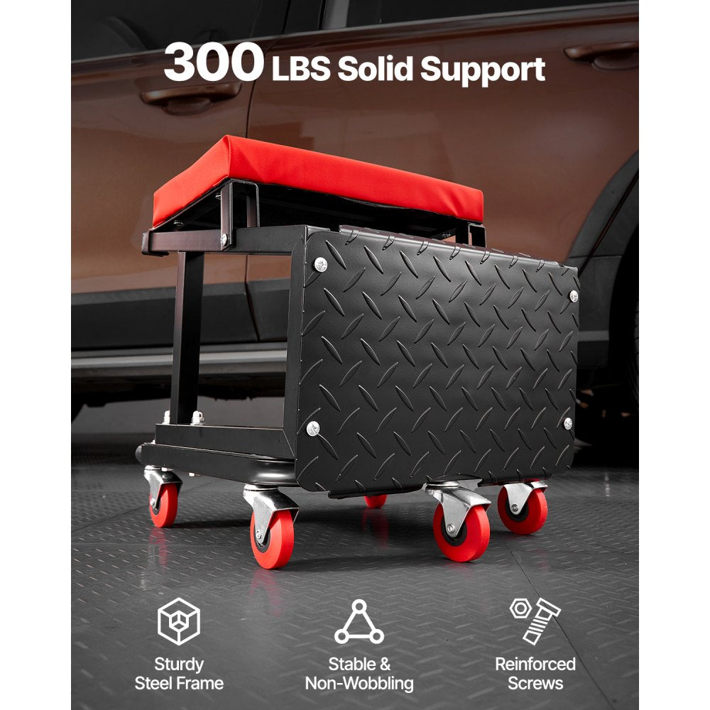 XF8W218 - Heavy-Duty Rolling Mechanic Seat with Tool Tray and 300 lbs Capacity