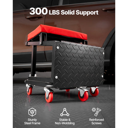 XF8W218 - Heavy-Duty Rolling Mechanic Seat with Tool Tray and 300 lbs Capacity
