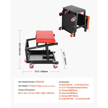 XF8W218 - Heavy-Duty Rolling Mechanic Seat with Tool Tray and 300 lbs Capacity