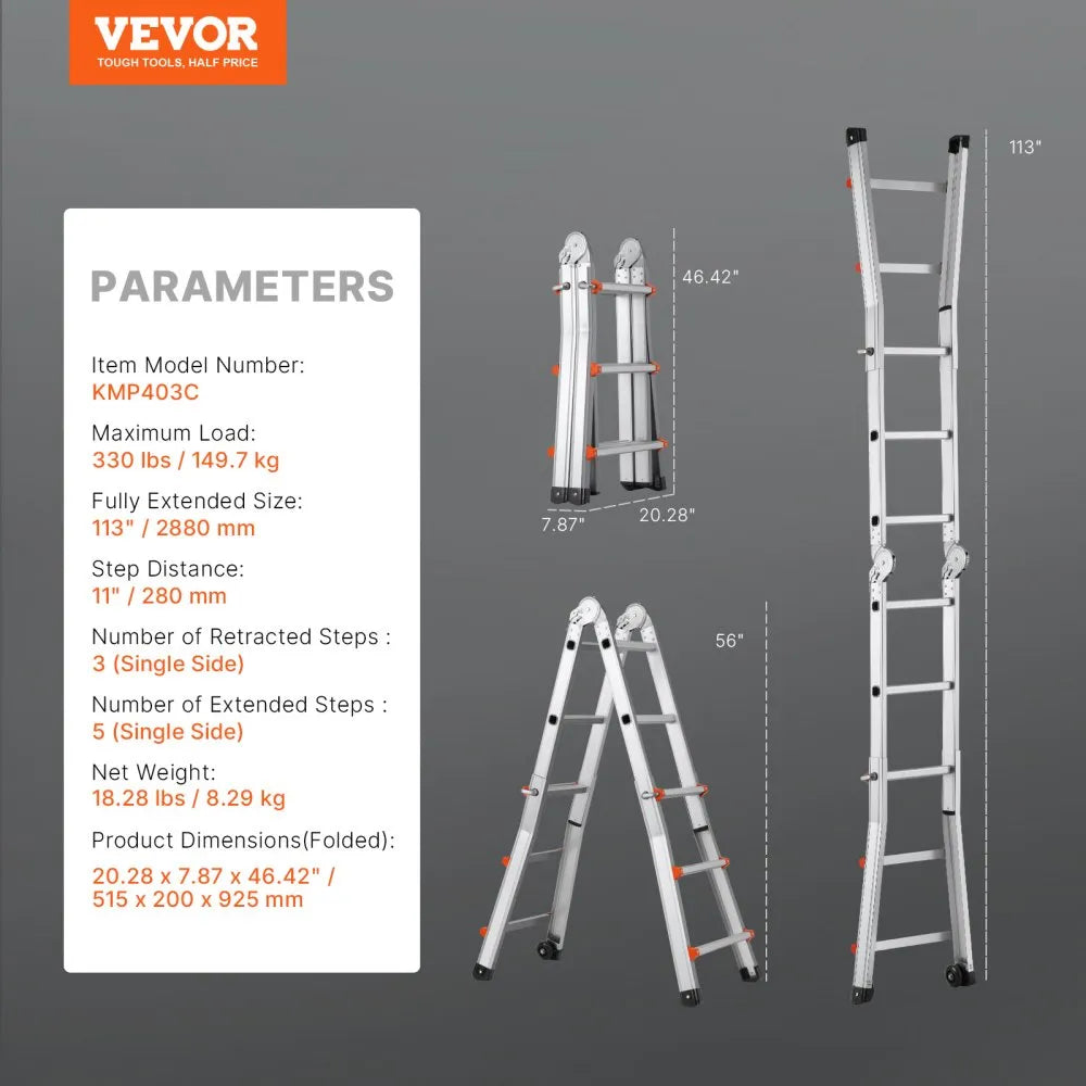 KMP403C - 9.5 FT Versatile Aluminum A-Frame Ladder with Non-Slip Feet
