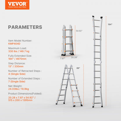 KMP404D - 15.5FT Multi-Function A-Frame Aluminum Ladder, No Assembly Needed