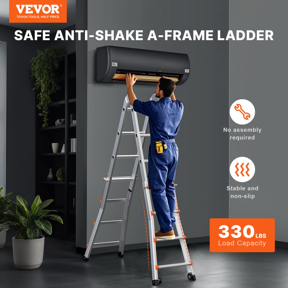 KMP405C - 17FT Durable A-Frame Telescoping Ladder with Non-Slip Caps