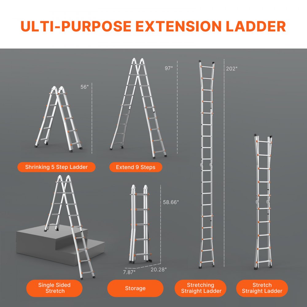 KMP405C - 17FT Durable A-Frame Telescoping Ladder with Non-Slip Caps