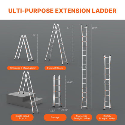 KMP405C - 17FT Durable A-Frame Telescoping Ladder with Non-Slip Caps