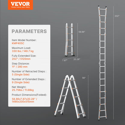KMP405C - 17FT Durable A-Frame Telescoping Ladder with Non-Slip Caps