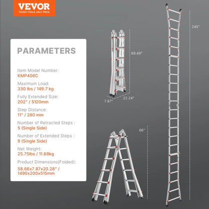 KMP406C - 20.5FT Aluminum A-Frame Ladder with Multi-Angle Design