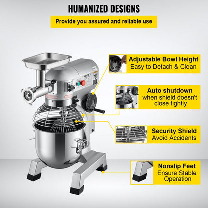 B20-BJ - 20Qt Stainless Steel Stand Mixer with Meat Grinder & 3 Speeds