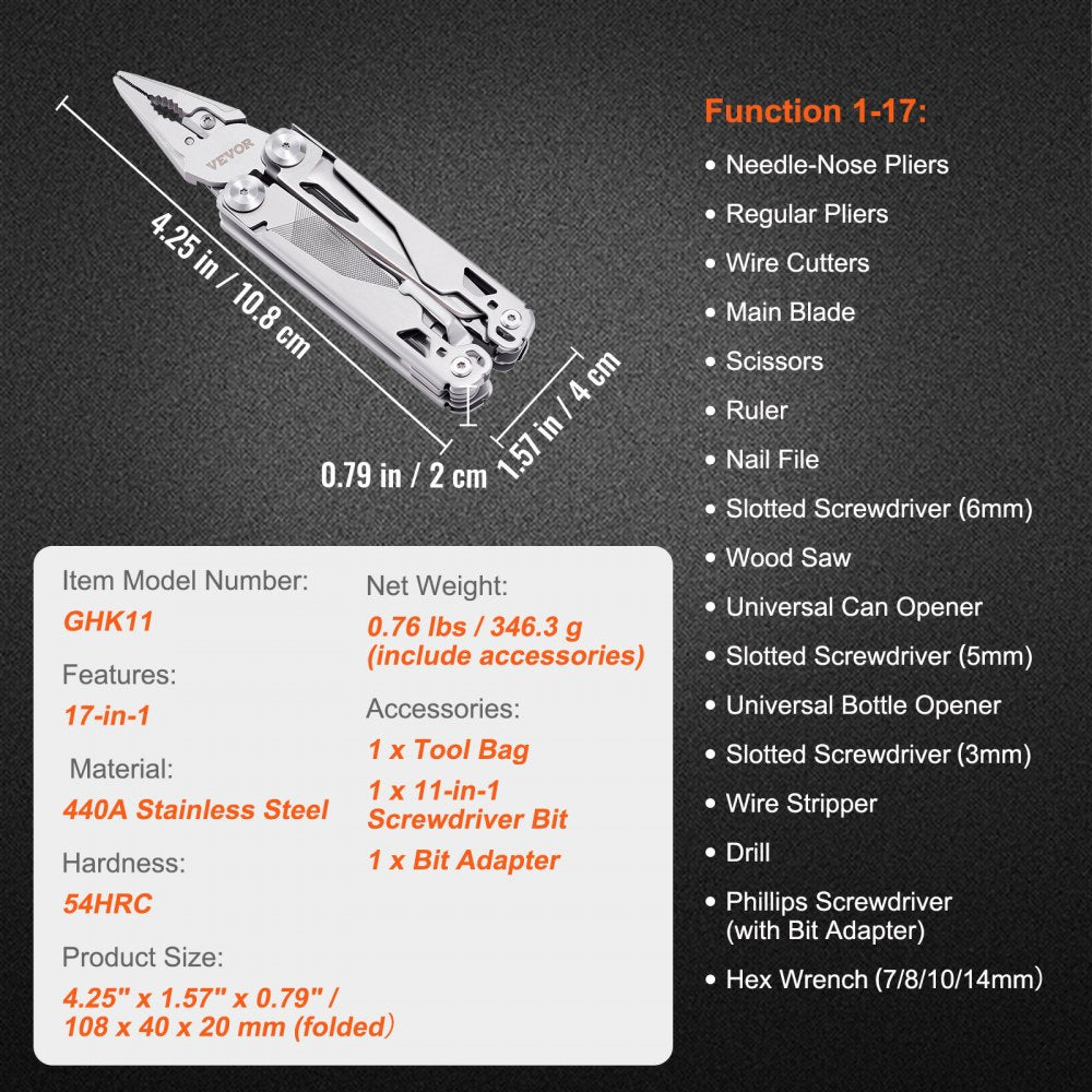 GHK11 - Durable 440A Stainless Steel 17-in-1 Multitool Pliers