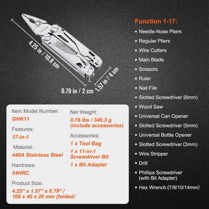 GHK11 - Durable 440A Stainless Steel 17-in-1 Multitool Pliers
