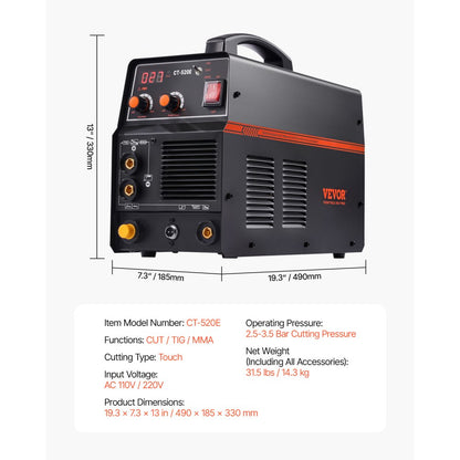 CT-520E - 3-in-1 Plasma Cutter Welder, 50A Cutting, Dual Voltage