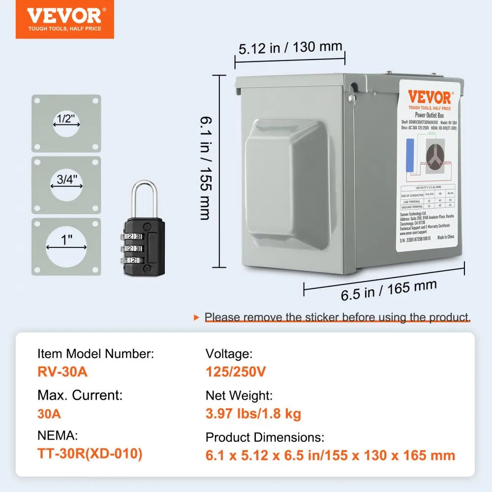 RV-30A - Durable Weatherproof 30 Amp RV Power Outlet Box with Lockable Panel