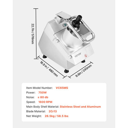 VC65MS - 750W Food Processor with Swift Chopping Blades & Anti-Slip Base