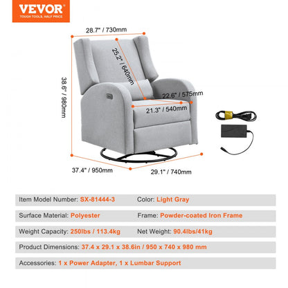 SX-81444-3(US) - Power Recliner Glider with USB, 240° Swivel в Light Gray