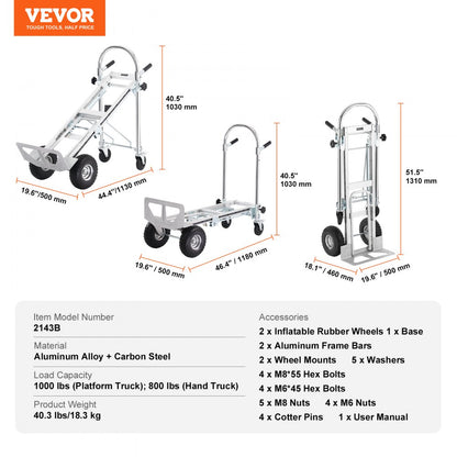 2143B - Durable Aluminum Folding Hand Truck, 800 lbs Capacity, Versatile Design