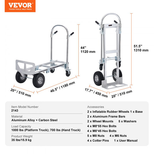 2143 - VEVOR 1000 lbs Aluminum Folding Hand Truck, Space-Saving Design