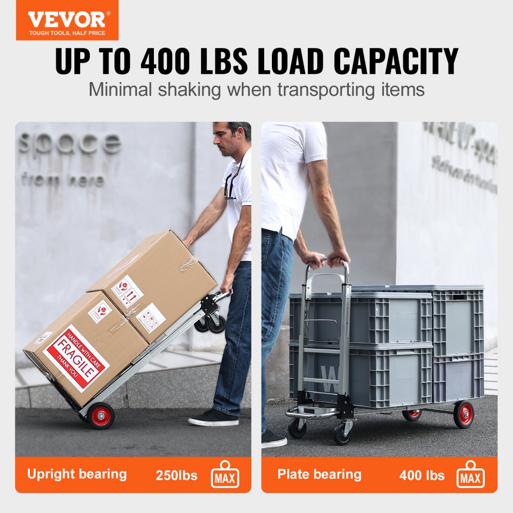 2020A - VEVOR 2-in-1 Aluminum Hand Truck, 400 lbs Capacity and Smooth Wheels