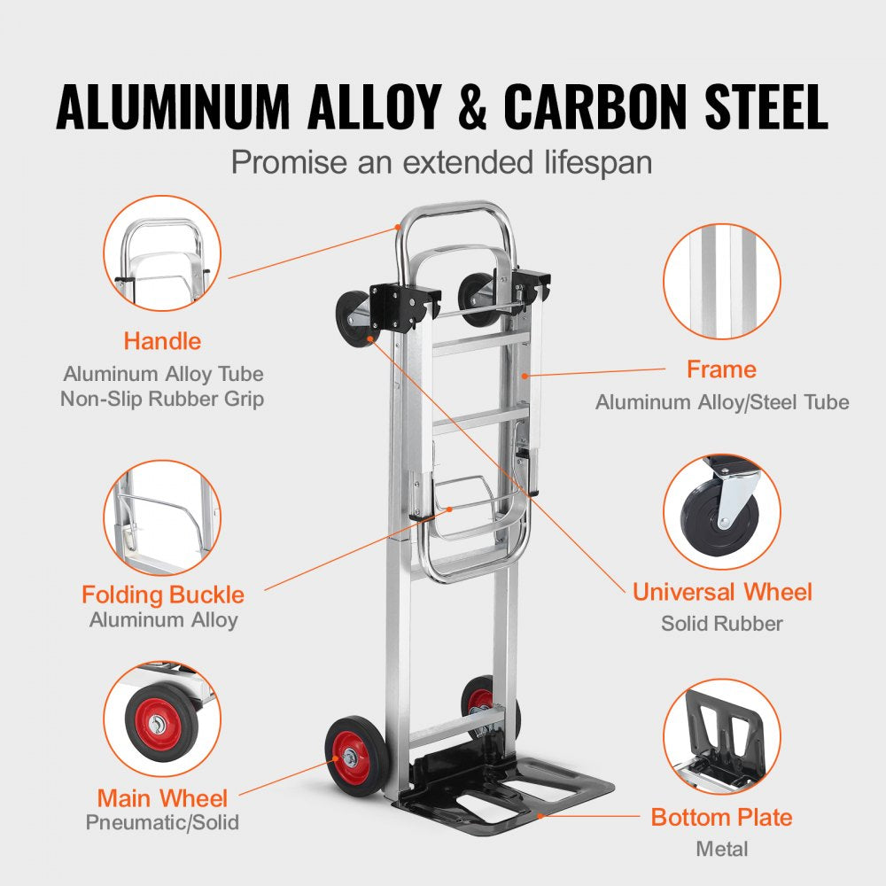 2020A - VEVOR 2-in-1 Aluminum Hand Truck, 400 lbs Capacity and Smooth Wheels