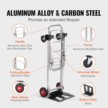 2020A - VEVOR 2-in-1 Aluminum Hand Truck, 400 lbs Capacity and Smooth Wheels