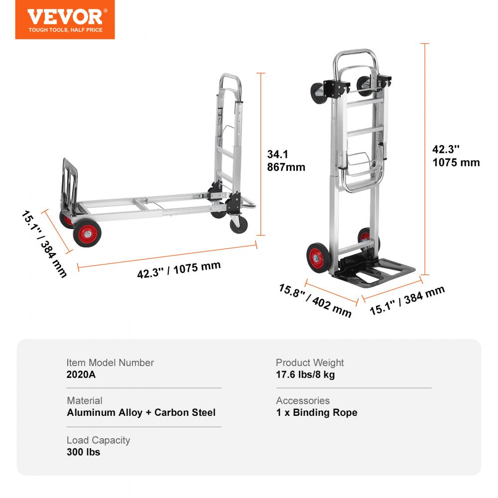 2020A - VEVOR 2-in-1 Aluminum Hand Truck, 400 lbs Capacity and Smooth Wheels