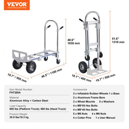 FHT250A - Heavy-Duty 2-in-1 Aluminum Hand Truck, 800 lbs Capacity