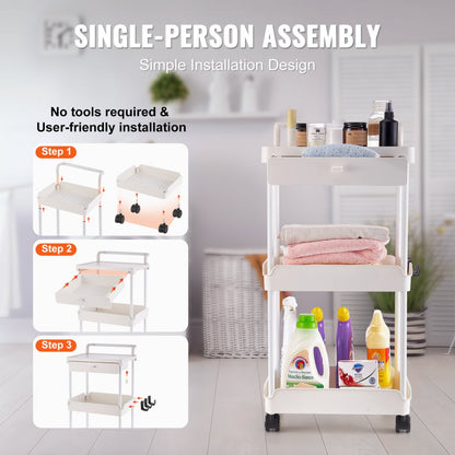 RY810289 - 3-Tier Rolling Utility Cart - Holds 99 lbs, Easy Assembly