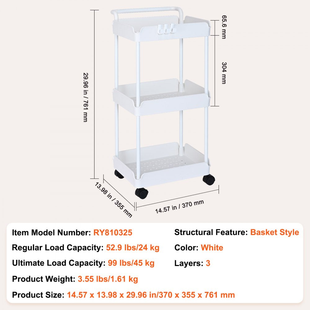 RY810325 - 3-Tier White Utility Cart for Kitchen and Office Spaces