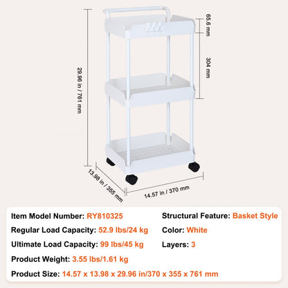 RY810325 - 3-Tier White Utility Cart for Kitchen and Office Spaces