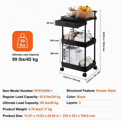 RY810289-1 - Heavy-Duty 3-Tier Rolling Cart, Easy Assembly & 360-Degree Wheels
