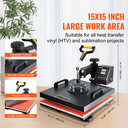 TLM38388 - 15x15" Heat Press Machine with Dual Insulation & Accessories