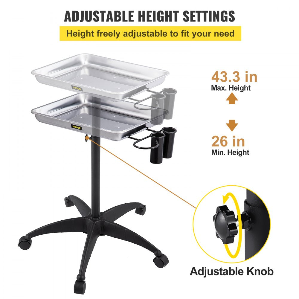 KMS-611 - Adjustable Stainless Steel Mayo Stand with Mobility Casters
