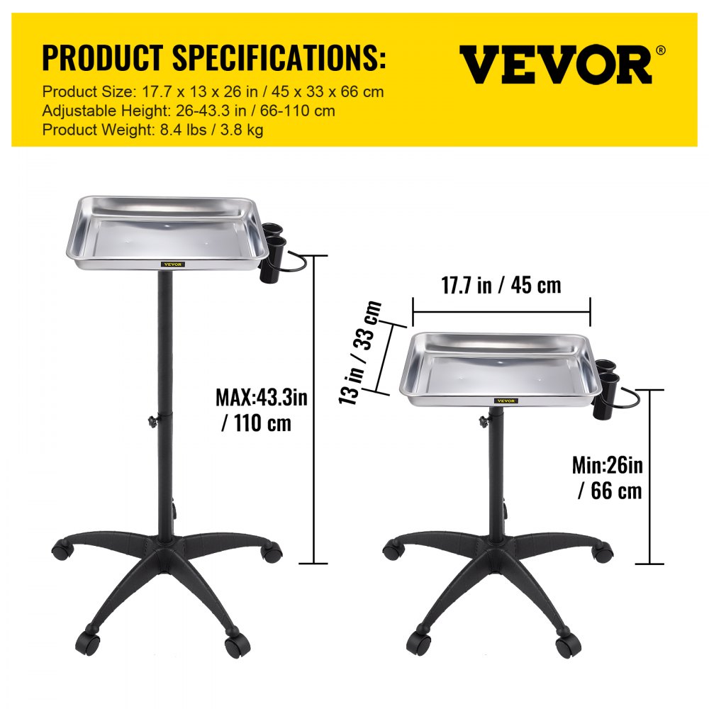 KMS-611 - Adjustable Stainless Steel Mayo Stand with Mobility Casters
