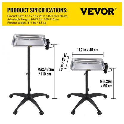 KMS-611 - Adjustable Stainless Steel Mayo Stand with Mobility Casters