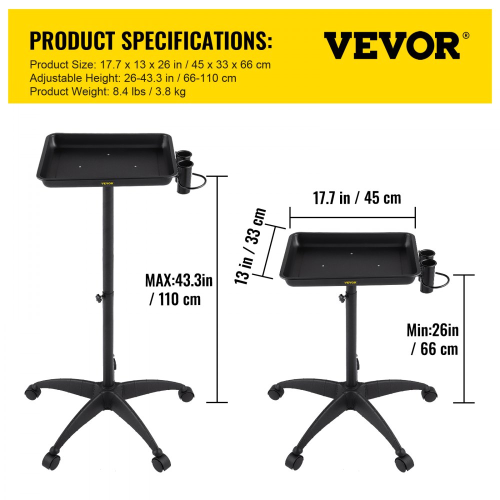 KMS-612 - Adjustable VEVOR Mayo Stand Tray, Height 26"-43.3", 17.7"x13"