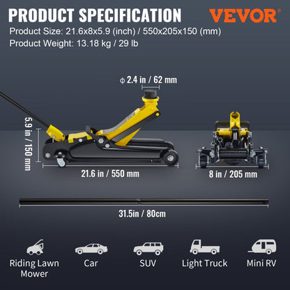 S385 - 2.5 Ton Low Profile Steel Floor Jack for Easy Vehicle Maintenance